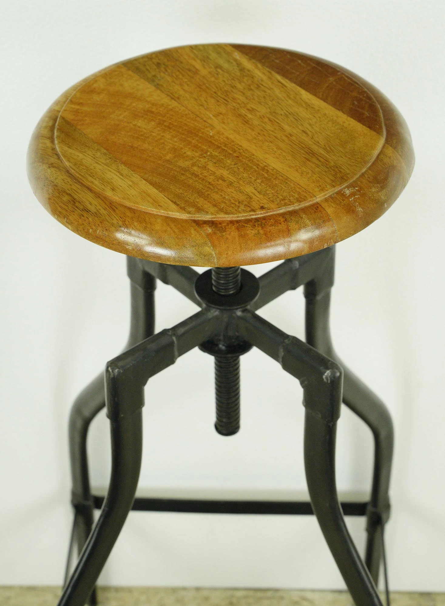 Vintage Adjustable Steel & Teak Wood Bar Stool 6 Vintage Adjustable Steel & Teak Wood Bar Stool - Image 4