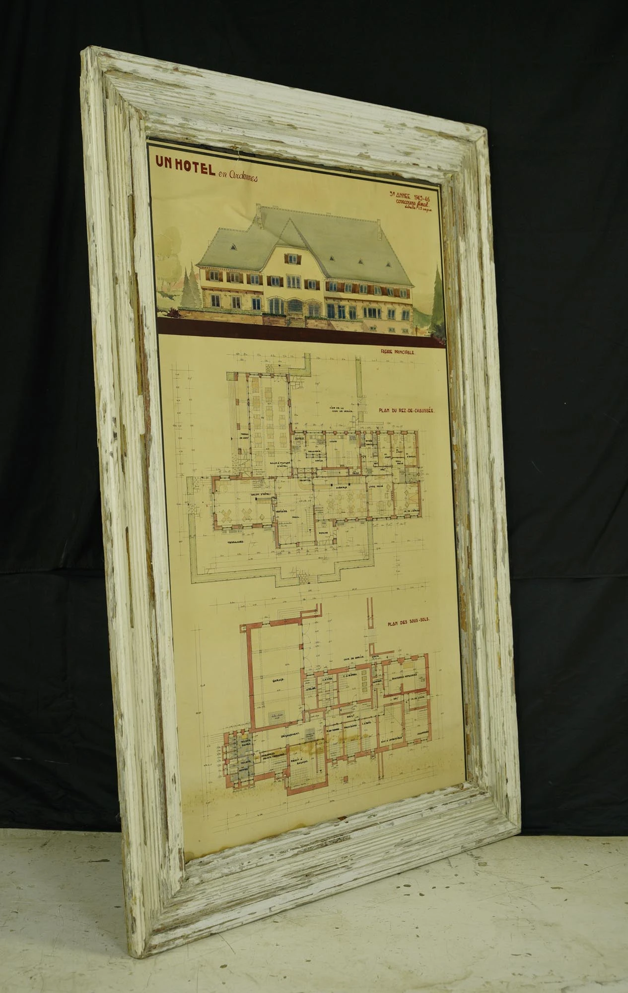 1940s Pine Framed French Hotel Blueprint 62 X 42 7 1940s Pine Framed French Hotel Blueprint 62 X 42 - Image 5