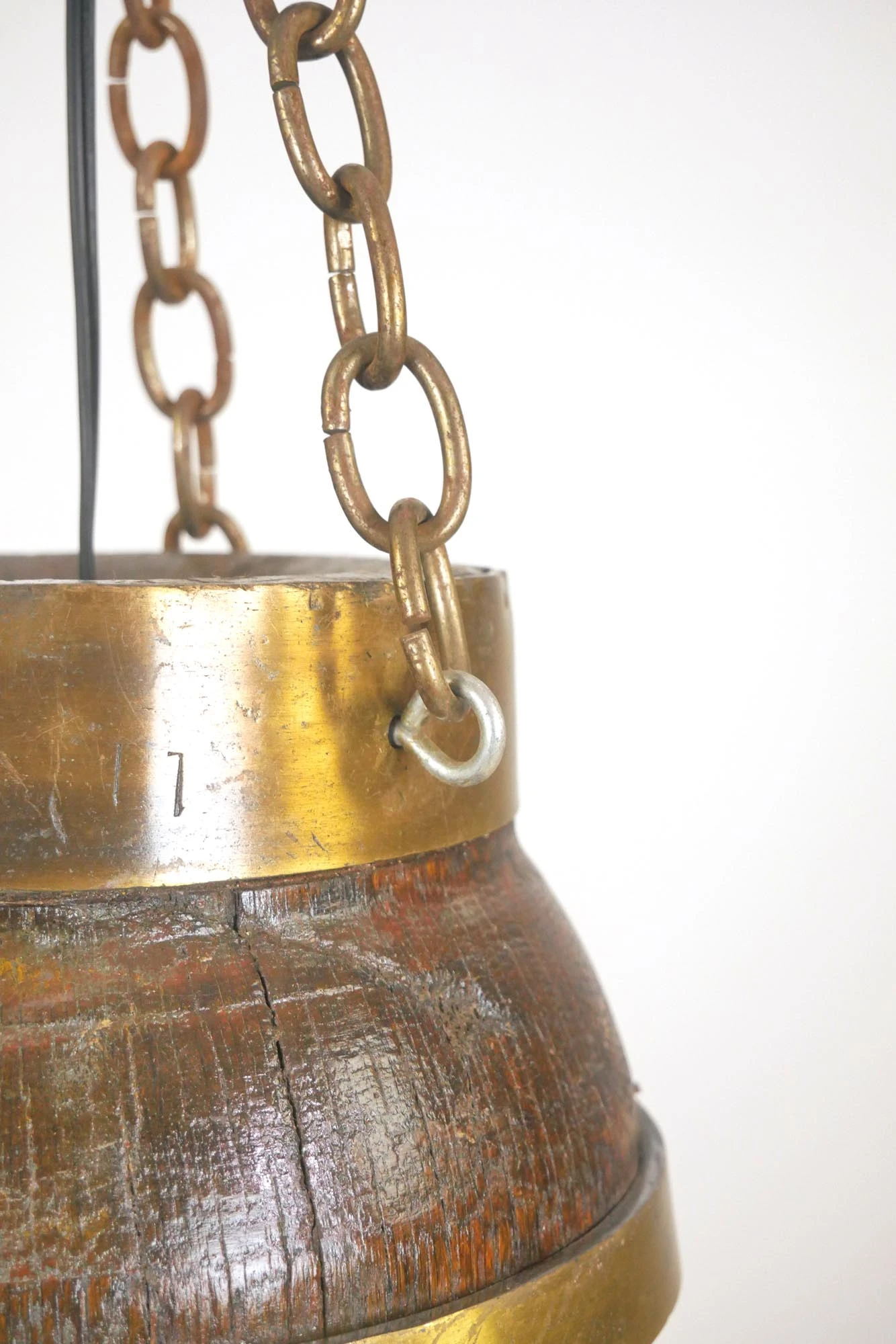 Reclaimed Wood Barrel Polished Brass Red Glass Pendant Light 7 Reclaimed Wood Barrel Polished Brass Red Glass Pendant Light - Image 5