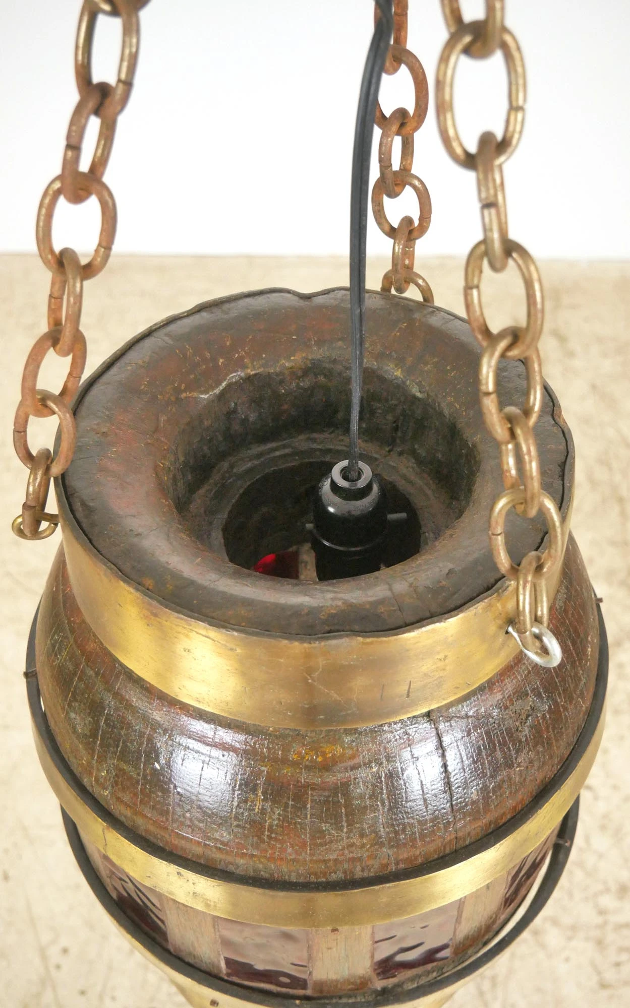 Reclaimed Wood Barrel Polished Brass Red Glass Pendant Light 9 Reclaimed Wood Barrel Polished Brass Red Glass Pendant Light - Image 7