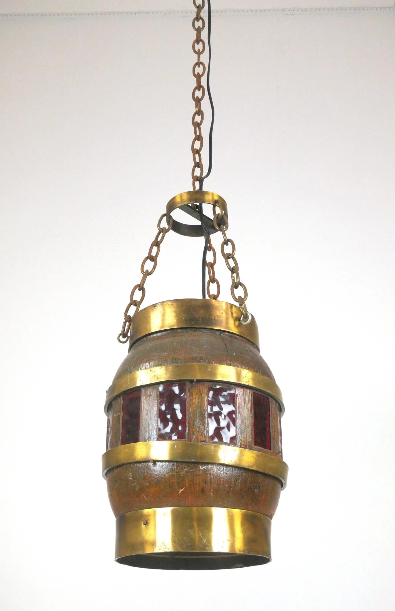 Reclaimed Wood Barrel Polished Brass Red Glass Pendant Light 11 Reclaimed Wood Barrel Polished Brass Red Glass Pendant Light - Image 9