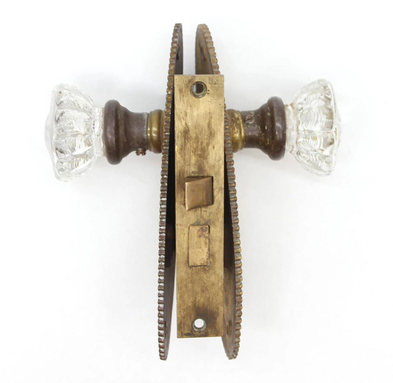 Vintage Fluted Glass Brass Oval Plate Passage Door Knob Set 7 Vintage Fluted Glass Brass Oval Plate Passage Door Knob Set - Image 5