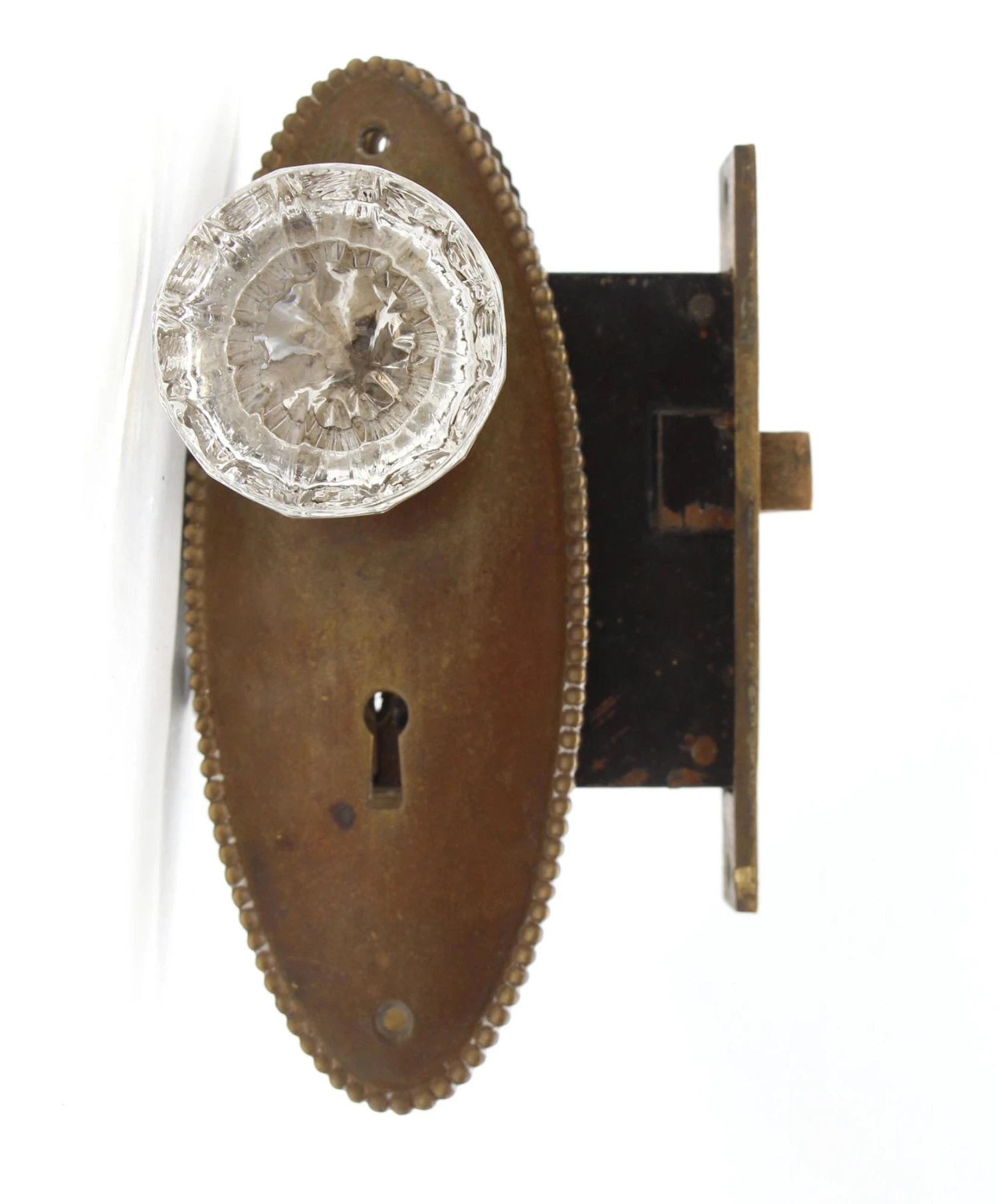 Vintage Fluted Glass Brass Oval Plate Passage Door Knob Set 8 Vintage Fluted Glass Brass Oval Plate Passage Door Knob Set - Image 6