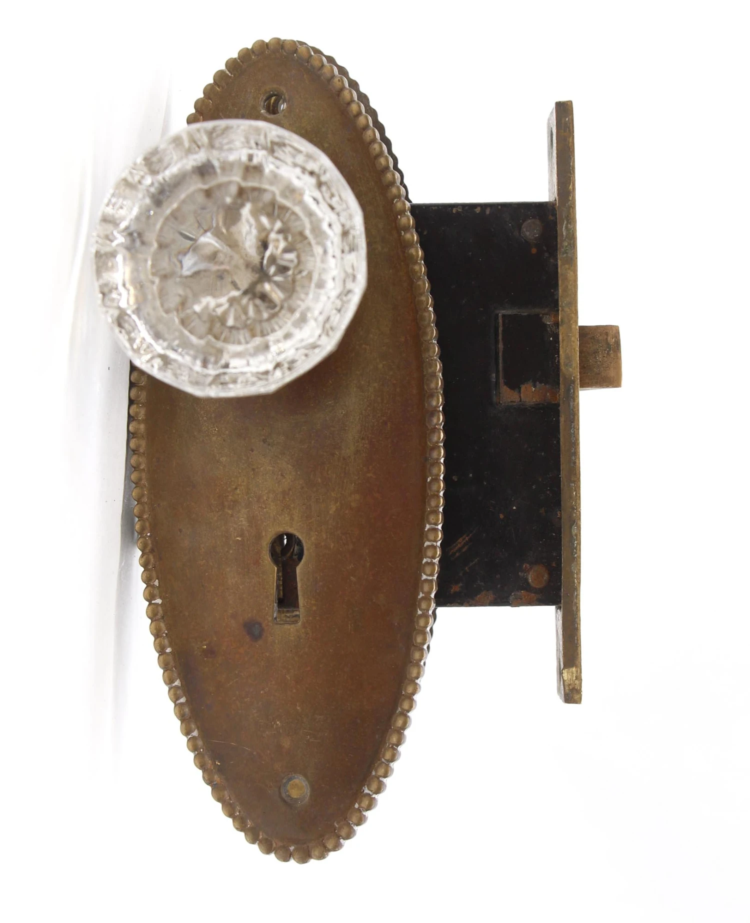 Vintage Fluted Glass Brass Oval Plate Passage Door Knob Set 9 Vintage Fluted Glass Brass Oval Plate Passage Door Knob Set - Image 7