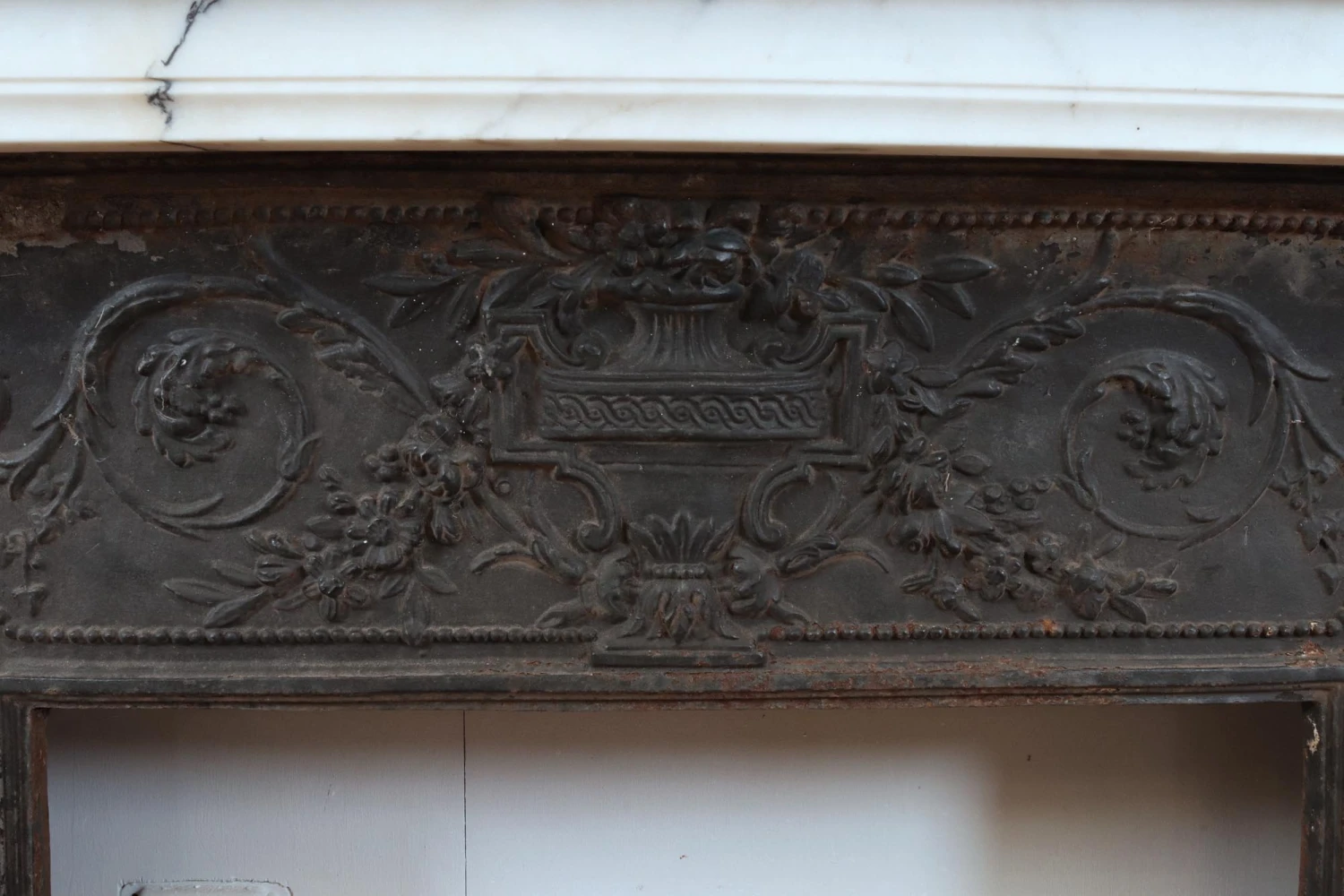 Louis XVI White & Gray Veined Marble Fireplace Mantel 7 Louis XVI White & Gray Veined Marble Fireplace Mantel - Image 5