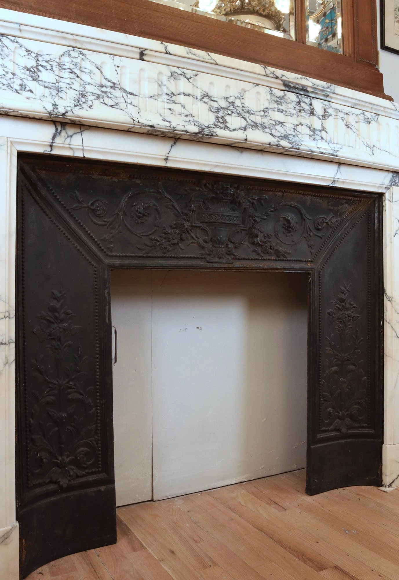 Louis XVI White & Gray Veined Marble Fireplace Mantel 8 Louis XVI White & Gray Veined Marble Fireplace Mantel - Image 6