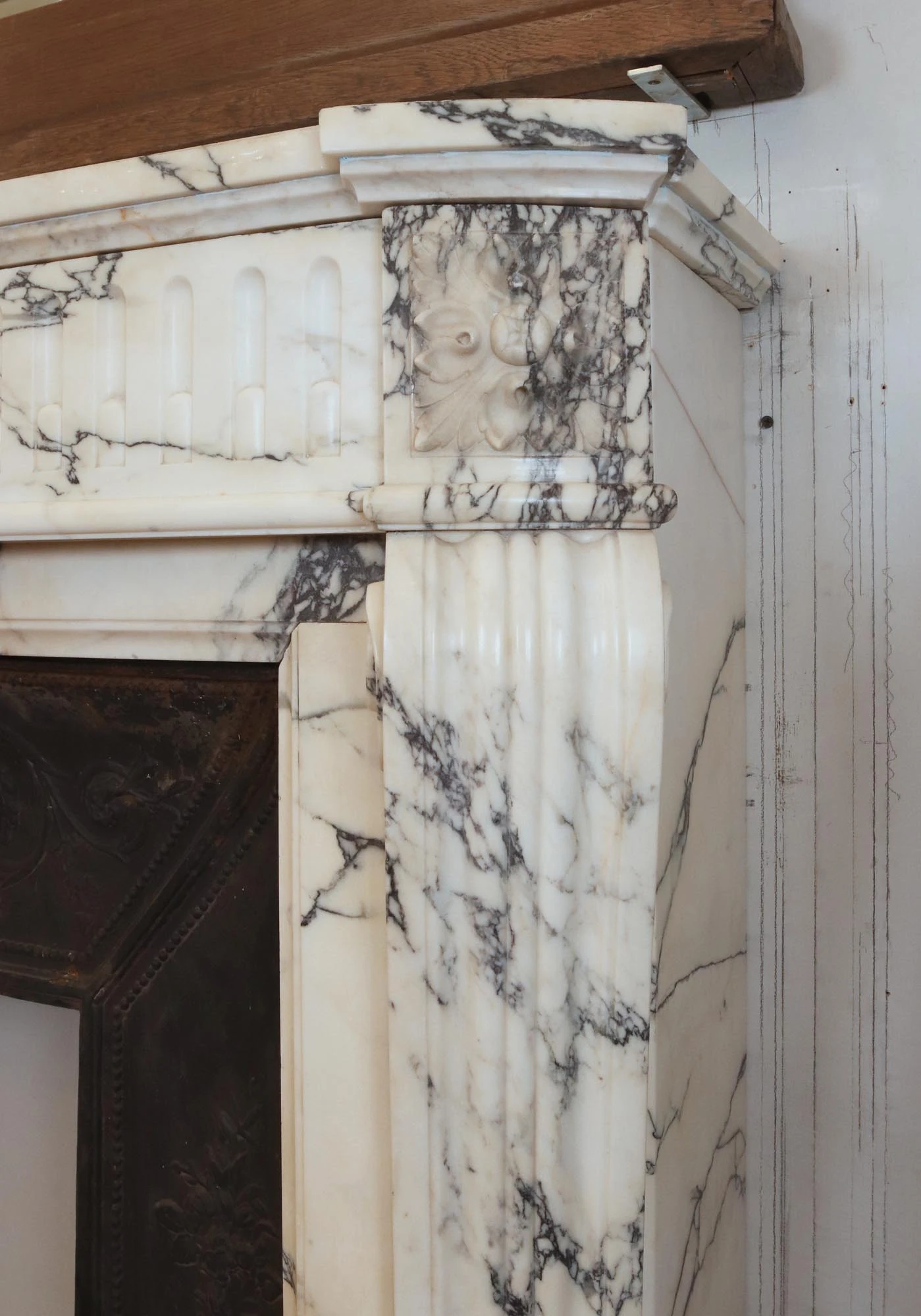 Louis XVI White & Gray Veined Marble Fireplace Mantel 11 Louis XVI White & Gray Veined Marble Fireplace Mantel - Image 9