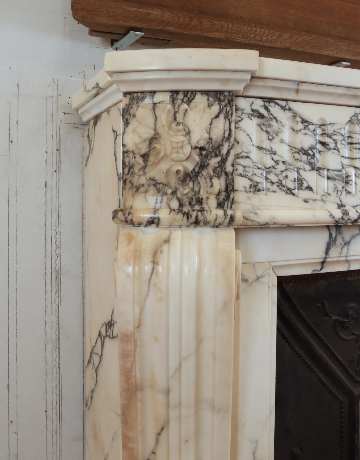 Louis XVI White & Gray Veined Marble Fireplace Mantel 12 Louis XVI White & Gray Veined Marble Fireplace Mantel - Image 10
