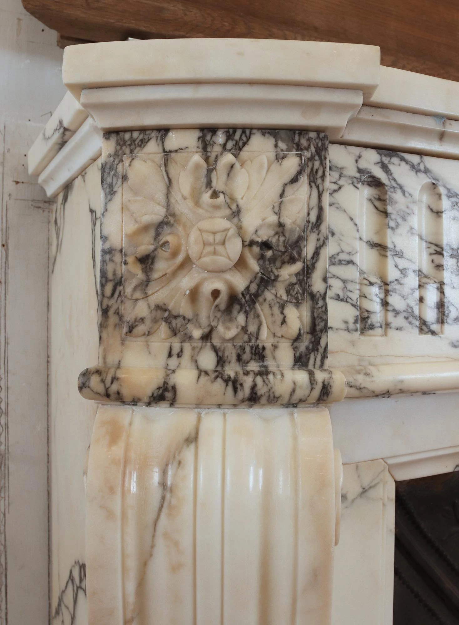 Louis XVI White & Gray Veined Marble Fireplace Mantel 13 Louis XVI White & Gray Veined Marble Fireplace Mantel - Image 11