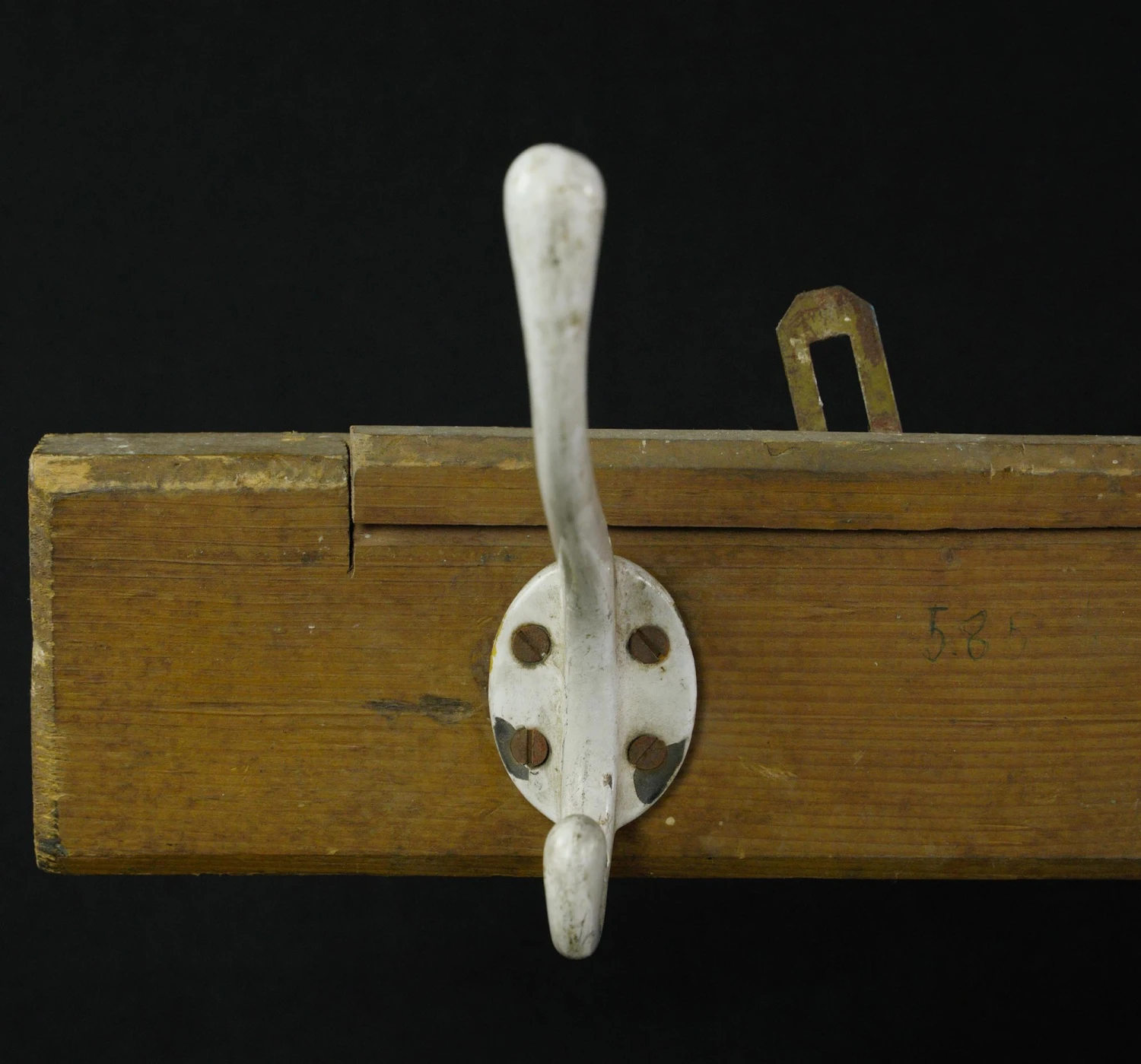 Vintage European 5 Cast Iron Hooks Pine Wall Rack 4 Vintage European 5 Cast Iron Hooks Pine Wall Rack - Image 2