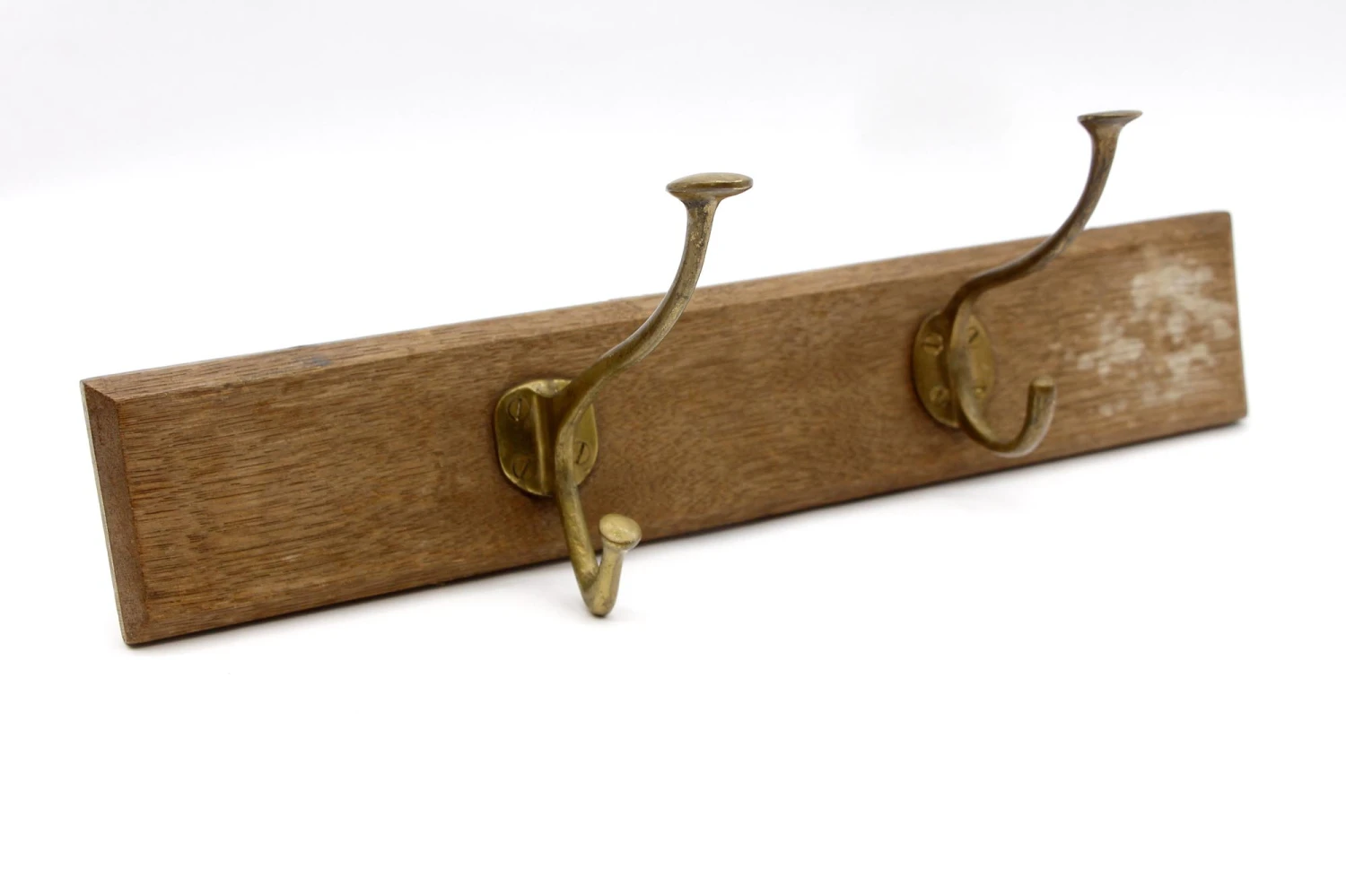 European Vintage Brass Hook Rack On Wooden Plank 3 European Vintage Brass Hook Rack On Wooden Plank