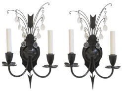 1920s Pair Of Federal 2 Arm Iron & Crystal Wall Sconces