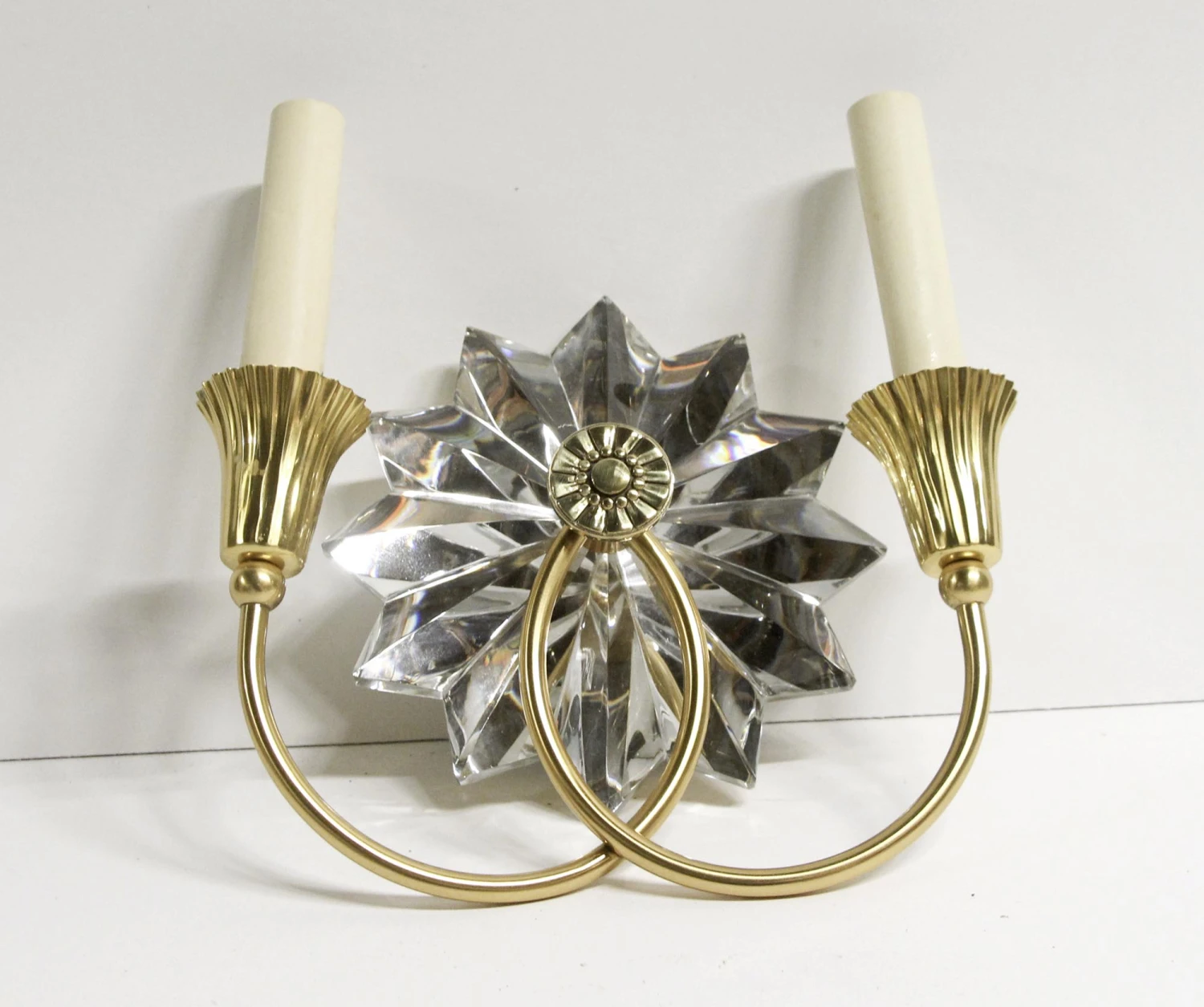 French Brass & Crystal Art Deco Floral Star 2 Arm Wall Sconce 4 French Brass & Crystal Art Deco Floral Star 2 Arm Wall Sconce - Image 2