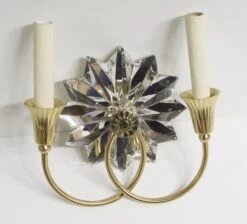 French Brass & Crystal Art Deco Floral Star 2 Arm Wall Sconce 11 French Brass & Crystal Art Deco Floral Star 2 Arm Wall Sconce -OGT Sale Store sconces wall lighting for sale chr44