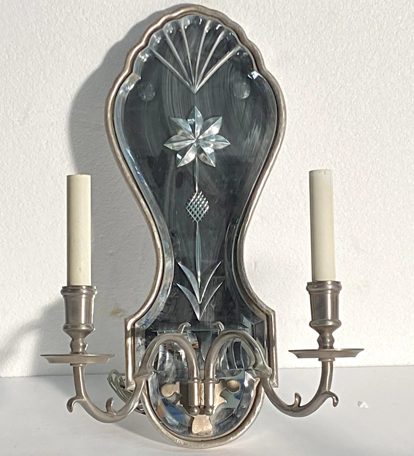 French Etched Mirrored Silver Sconce With Nickel Arms 5 French Etched Mirrored Silver Sconce With Nickel Arms - Image 3