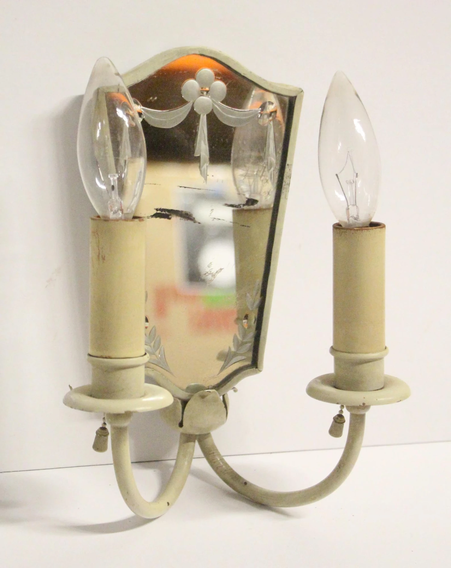 Pair Of 1920s Ivory Painted Brass Etched Mirror Wall Sconces 5 Pair Of 1920s Ivory Painted Brass Etched Mirror Wall Sconces - Image 3