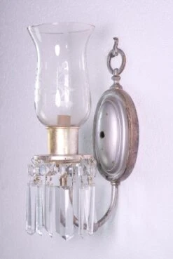 Early 1900’s Silver Over Brass Sconces With Crystals And Etched Globe -OGT Sale Store sconces wall lighting for sale q276909