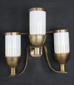 Pair Of Art Deco White Glass Shade 3 Arm Bronze Wall Sconces 13 Pair Of Art Deco White Glass Shade 3 Arm Bronze Wall Sconces -OGT Sale Store sconces wall lighting for sale q283033