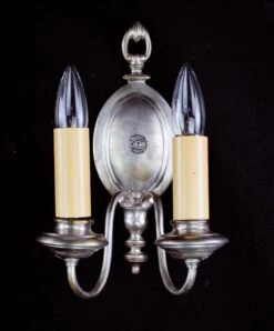 Restored Pair Of Colonial Nickeled Brass 2 Arm Wall Sconces 16 Restored Pair Of Colonial Nickeled Brass 2 Arm Wall Sconces -OGT Sale Store sconces wall lighting for sale q283293