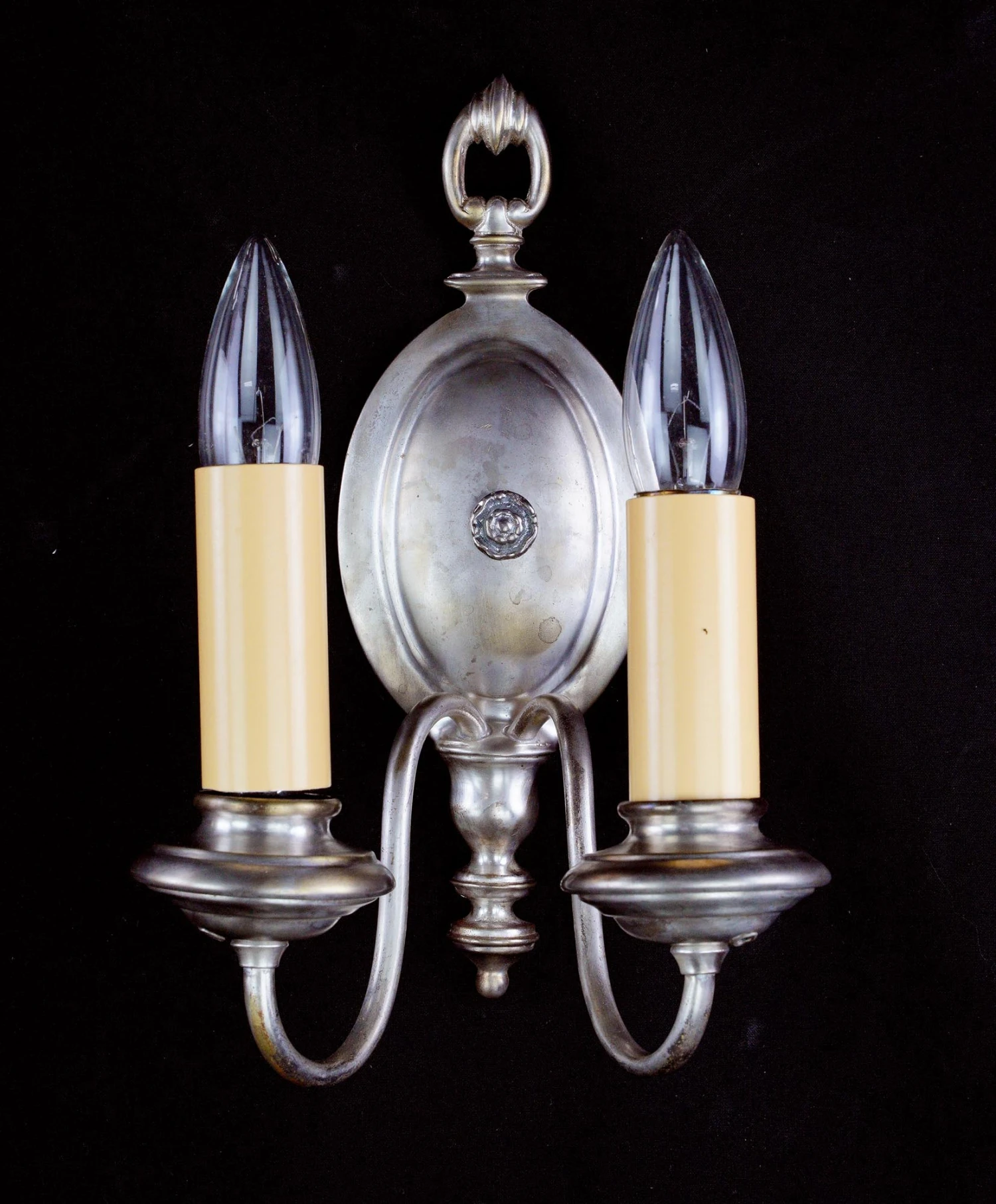 Restored Pair Of Colonial Nickeled Brass 2 Arm Wall Sconces 5 Restored Pair Of Colonial Nickeled Brass 2 Arm Wall Sconces - Image 3