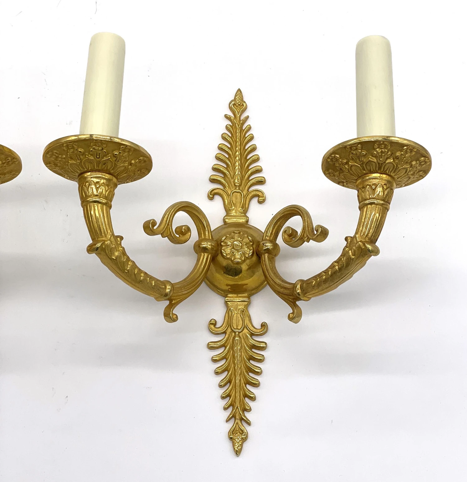 Pair Of Gilded French Bronze Fan Pattern 2 Arm Wall Sconces 5 Pair Of Gilded French Bronze Fan Pattern 2 Arm Wall Sconces - Image 3
