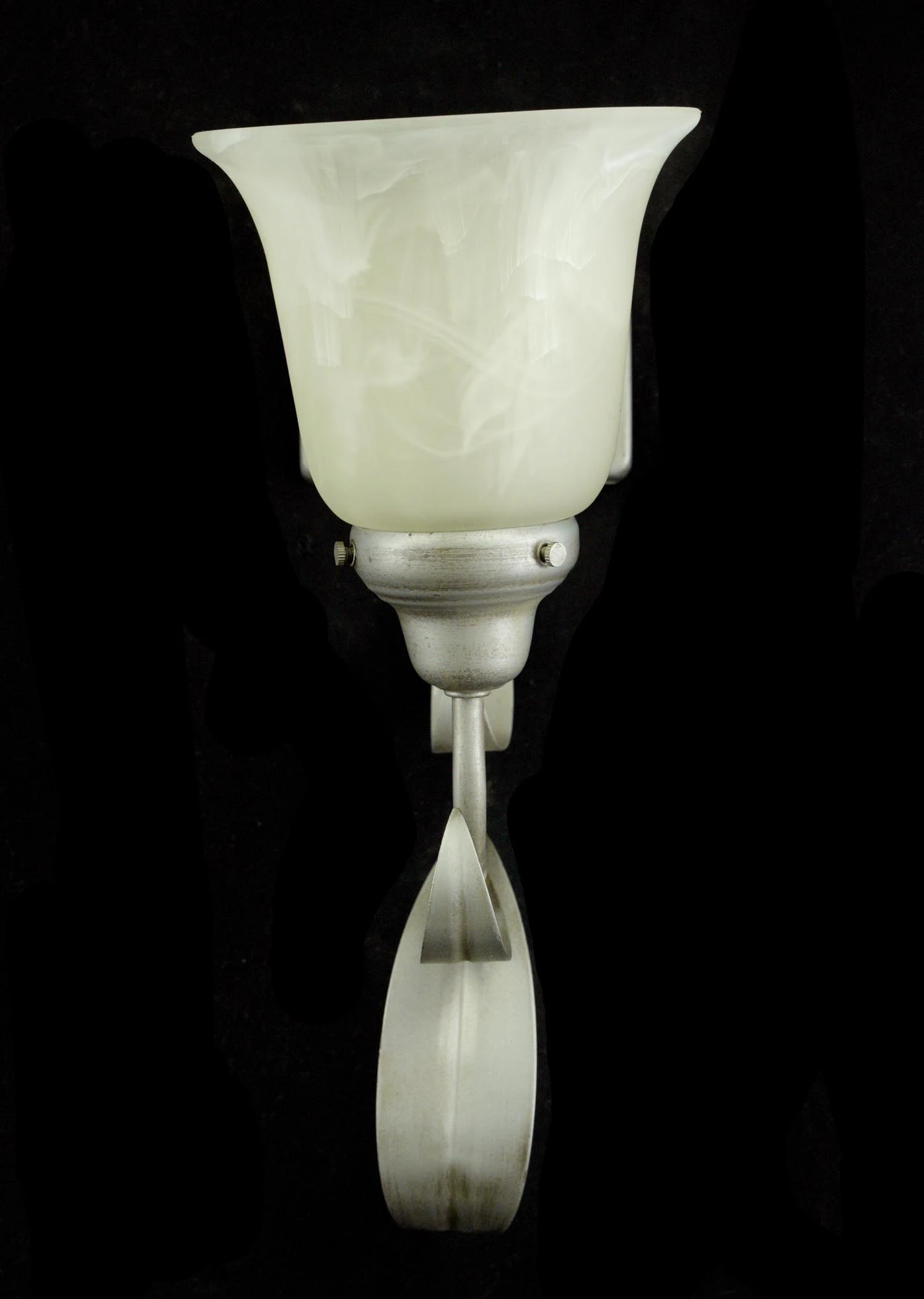 Pair Of Vintage One Arm White Alabaster Shade Silver Steel Wall Sconces 5 Pair Of Vintage One Arm White Alabaster Shade Silver Steel Wall Sconces - Image 3