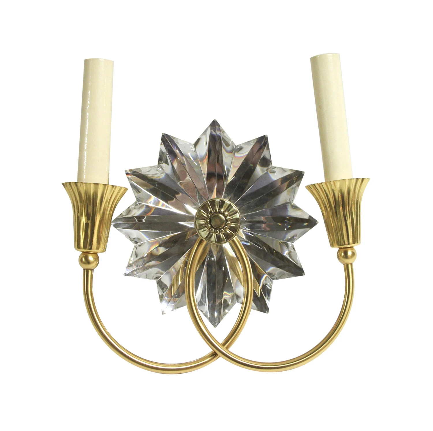 French Brass & Crystal Art Deco Floral Star 2 Arm Wall Sconce 3 French Brass & Crystal Art Deco Floral Star 2 Arm Wall Sconce