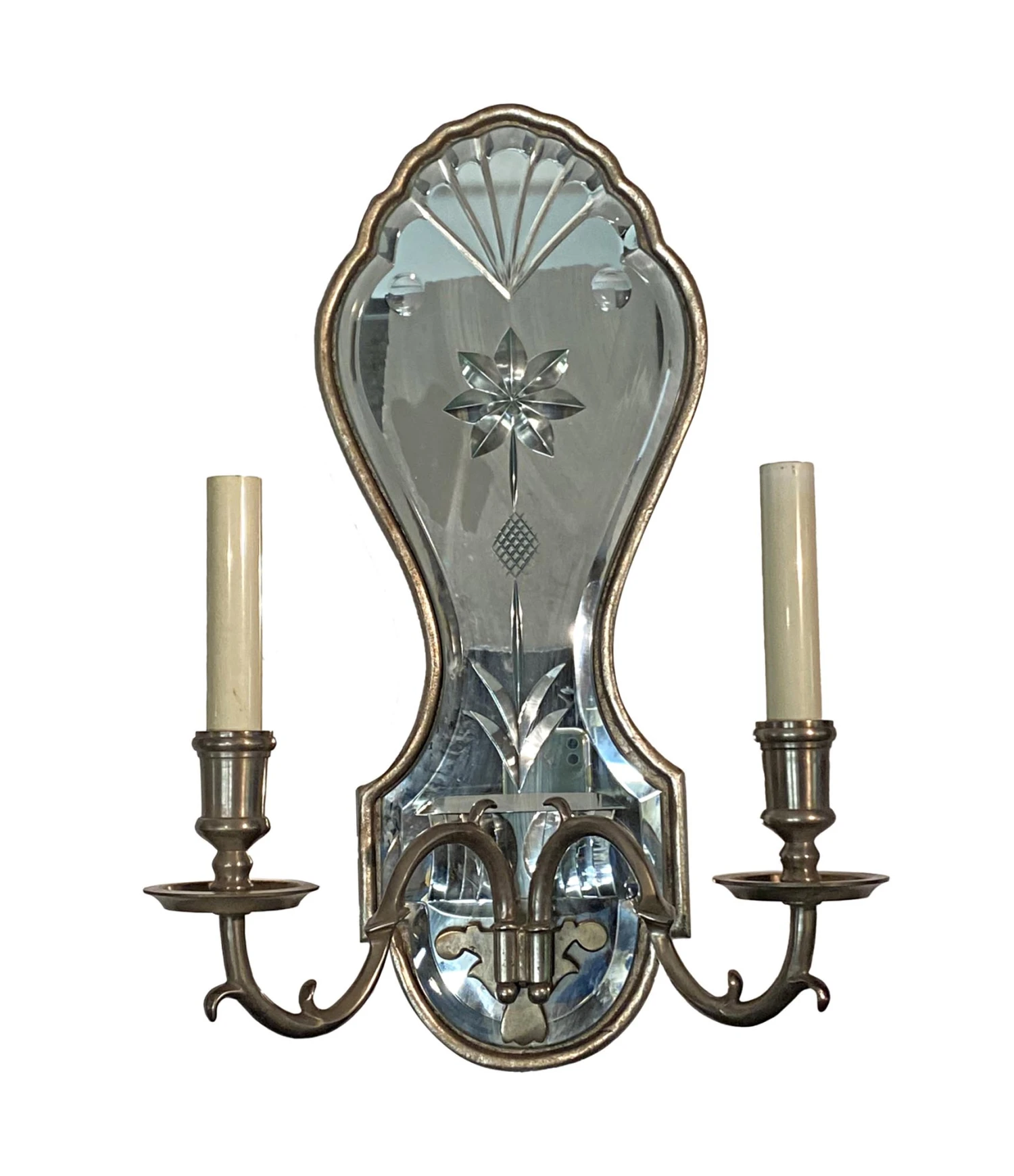 French Etched Mirrored Silver Sconce With Nickel Arms 3 French Etched Mirrored Silver Sconce With Nickel Arms