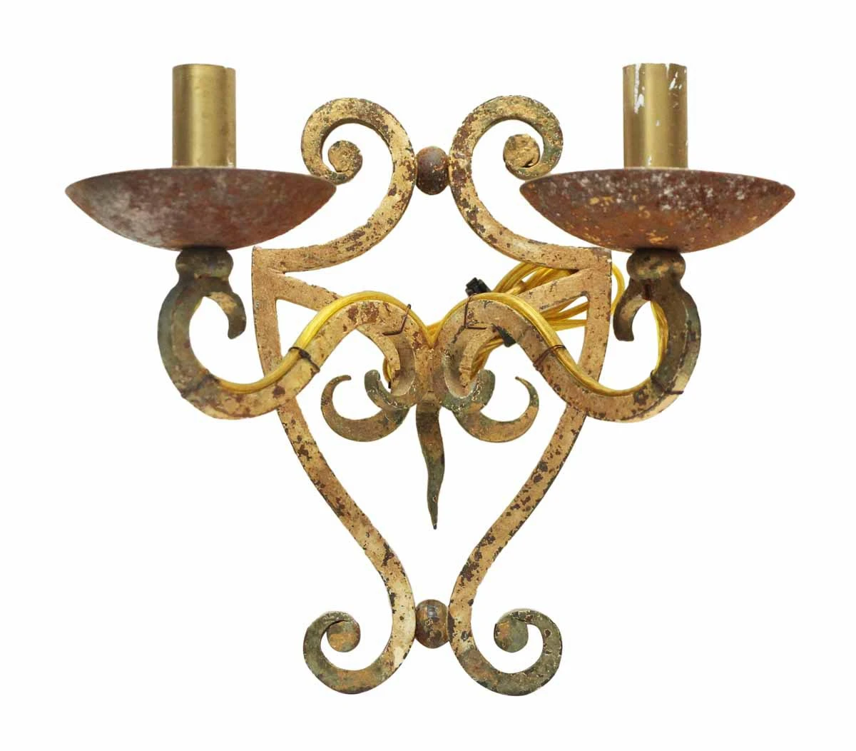 Pair Of Antique French 2 Arm Tan Iron Wall Sconces 4 Pair Of Antique French 2 Arm Tan Iron Wall Sconces - Image 2