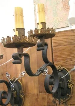 Pair Of Tudor Two Arm Wrought Iron Wall Sconces 7 Pair Of Tudor Two Arm Wrought Iron Wall Sconces -OGT Sale Store sconces wall lighting l207208