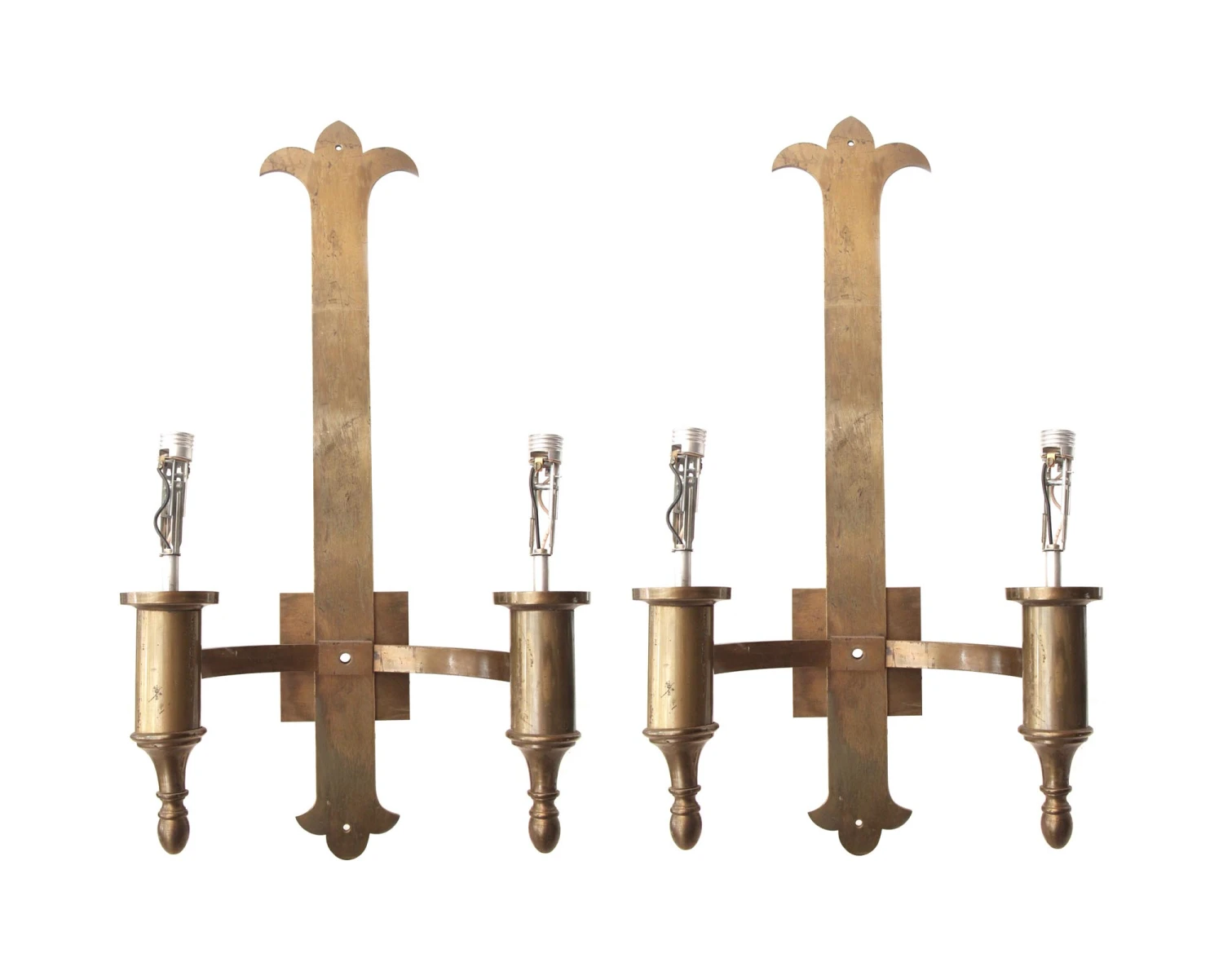 Pair Of Tall Ecclesiastical Brass 2 Arm Wall Sconces 4 Pair Of Tall Ecclesiastical Brass 2 Arm Wall Sconces - Image 2