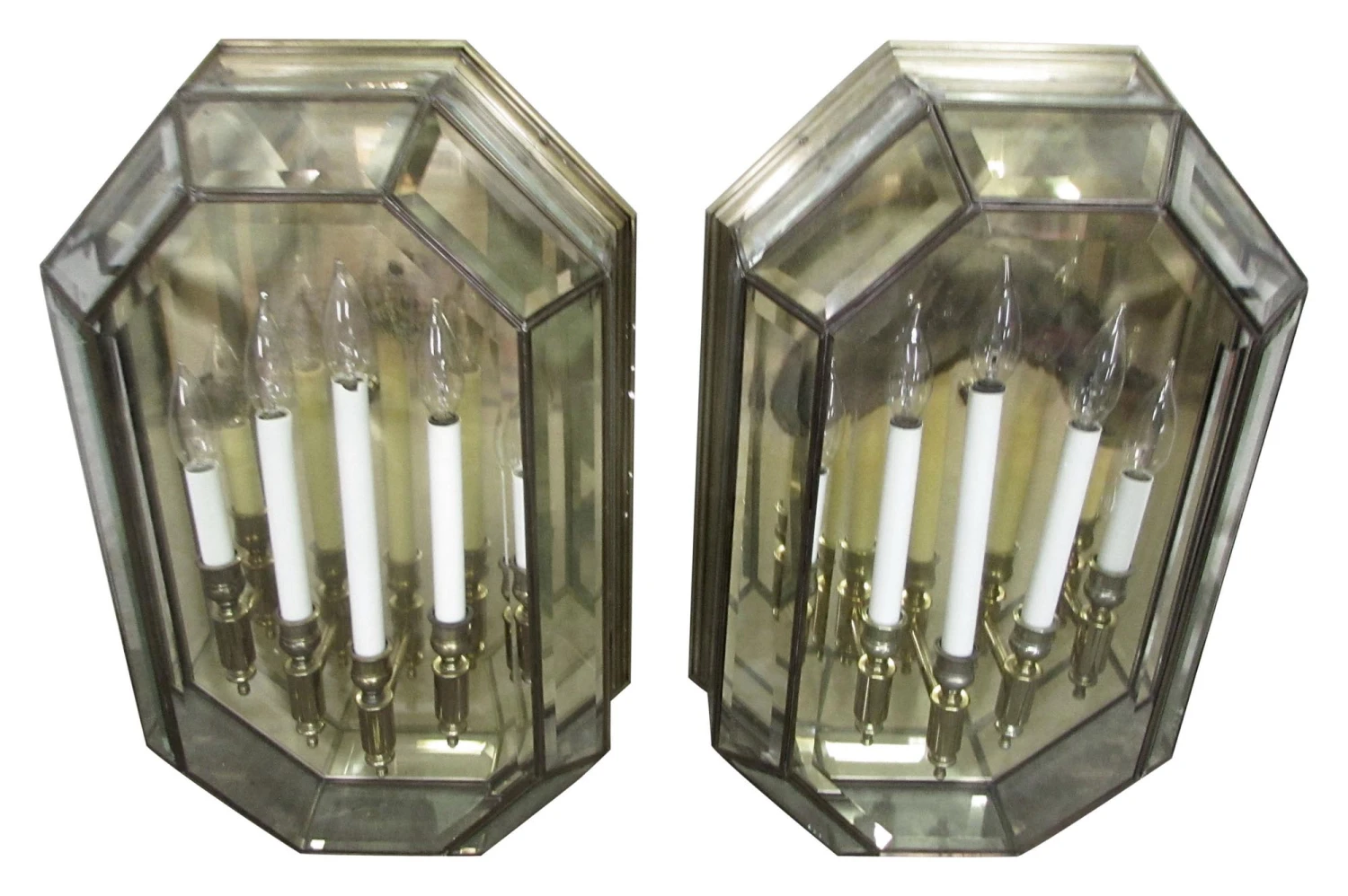 Large Georgian Five Light Brass & Glass Wall Sconces 3 Large Georgian Five Light Brass & Glass Wall Sconces