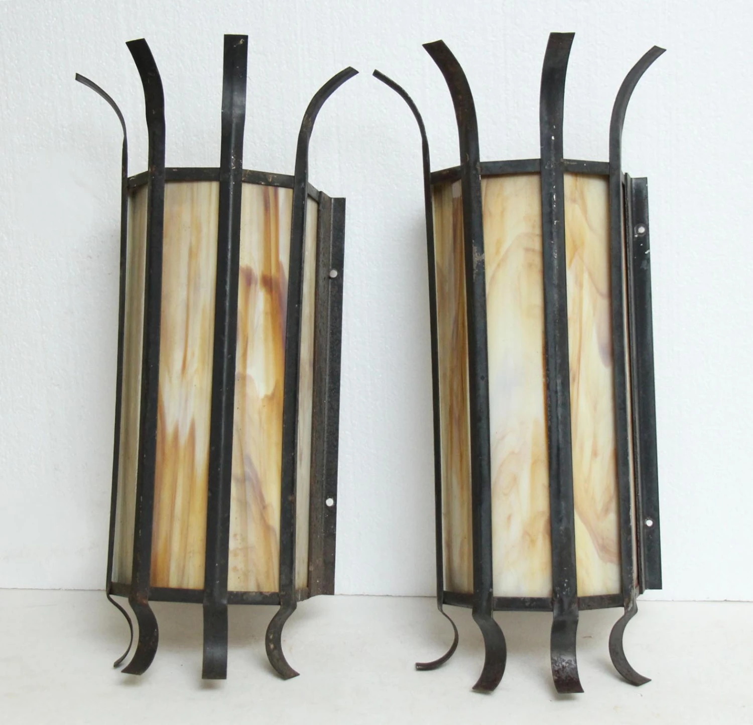 Pair Of Vintage Modern Stained Glass Iron Wall Sconces 4 Pair Of Vintage Modern Stained Glass Iron Wall Sconces - Image 2