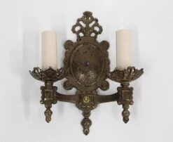 Pair Of Tudor Style Double Arm Bronze Wall Sconces 11 Pair Of Tudor Style Double Arm Bronze Wall Sconces -OGT Sale Store sconces wall lighting n258322