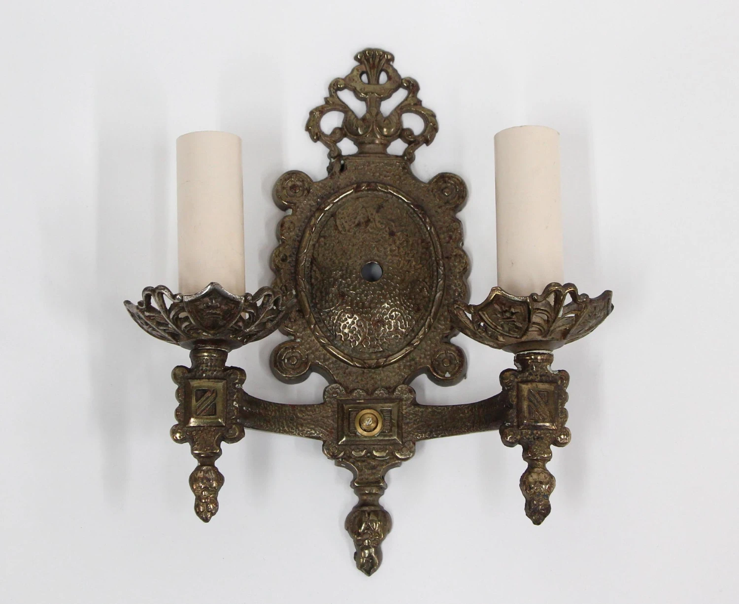 Pair Of Tudor Style Double Arm Bronze Wall Sconces 4 Pair Of Tudor Style Double Arm Bronze Wall Sconces - Image 2