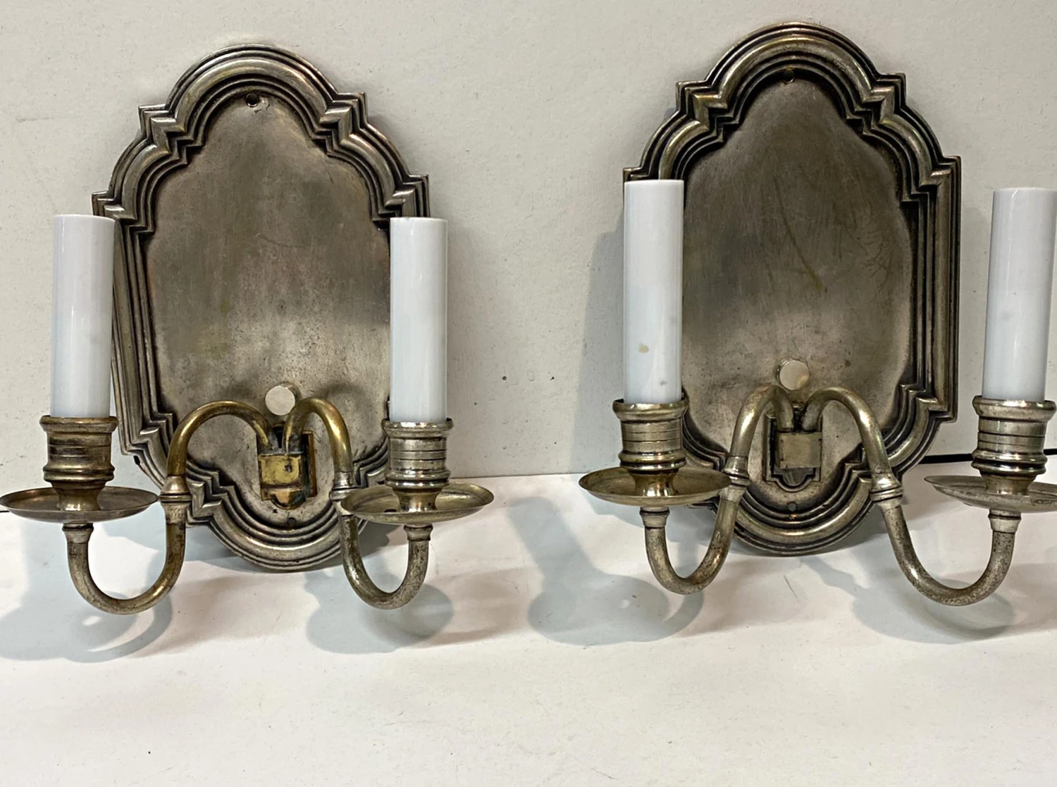 Silver Finish Brass 2 Arm Georgian Wall Sconces 4 Silver Finish Brass 2 Arm Georgian Wall Sconces - Image 2