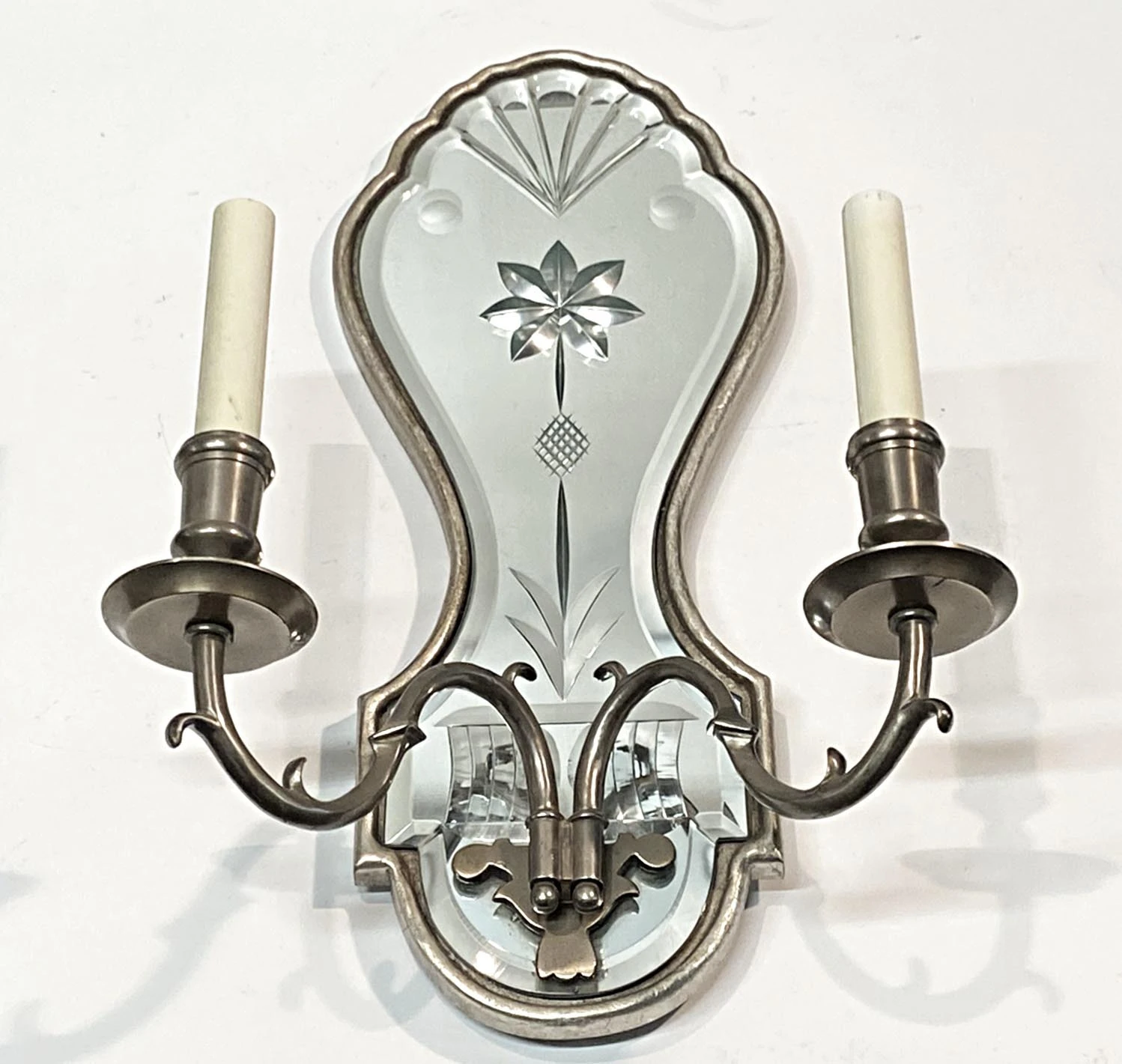 French Etched Mirrored Silver Sconce With Nickel Arms 4 French Etched Mirrored Silver Sconce With Nickel Arms - Image 2