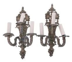 Pair Of 1870s Victorian 3 Arm Bronze Wall Sconces