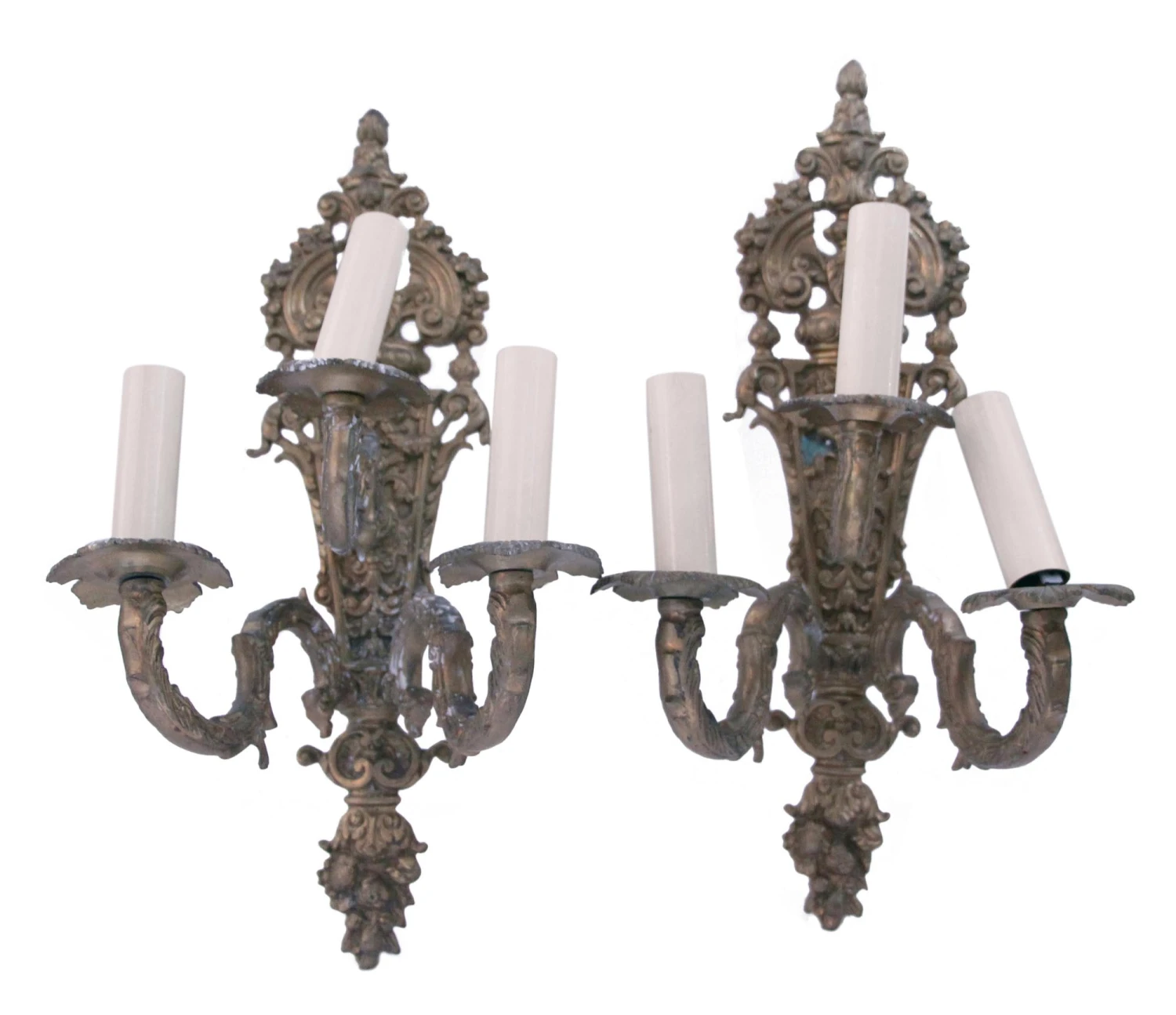 Pair Of 1870s Victorian 3 Arm Bronze Wall Sconces 3 Pair Of 1870s Victorian 3 Arm Bronze Wall Sconces