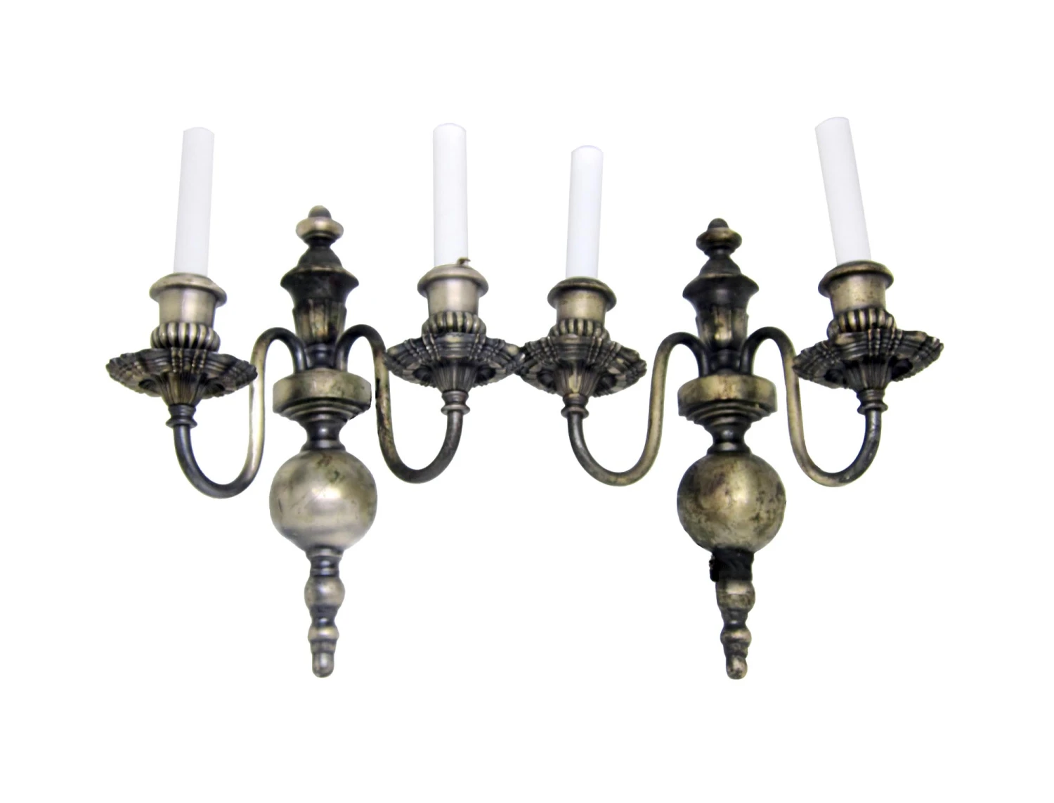Pair Of 1920s Antique Silver Over Cast Brass Wall Sconces 3 Pair Of 1920s Antique Silver Over Cast Brass Wall Sconces