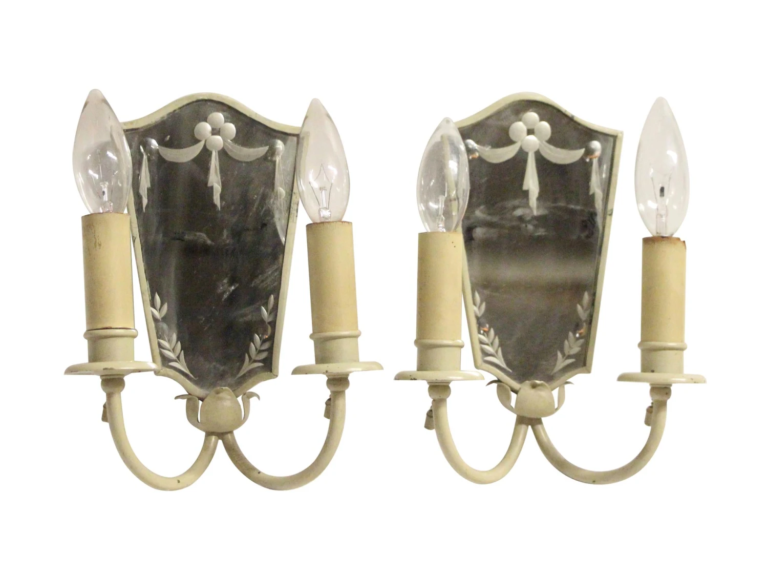 Pair Of 1920s Ivory Painted Brass Etched Mirror Wall Sconces 3 Pair Of 1920s Ivory Painted Brass Etched Mirror Wall Sconces