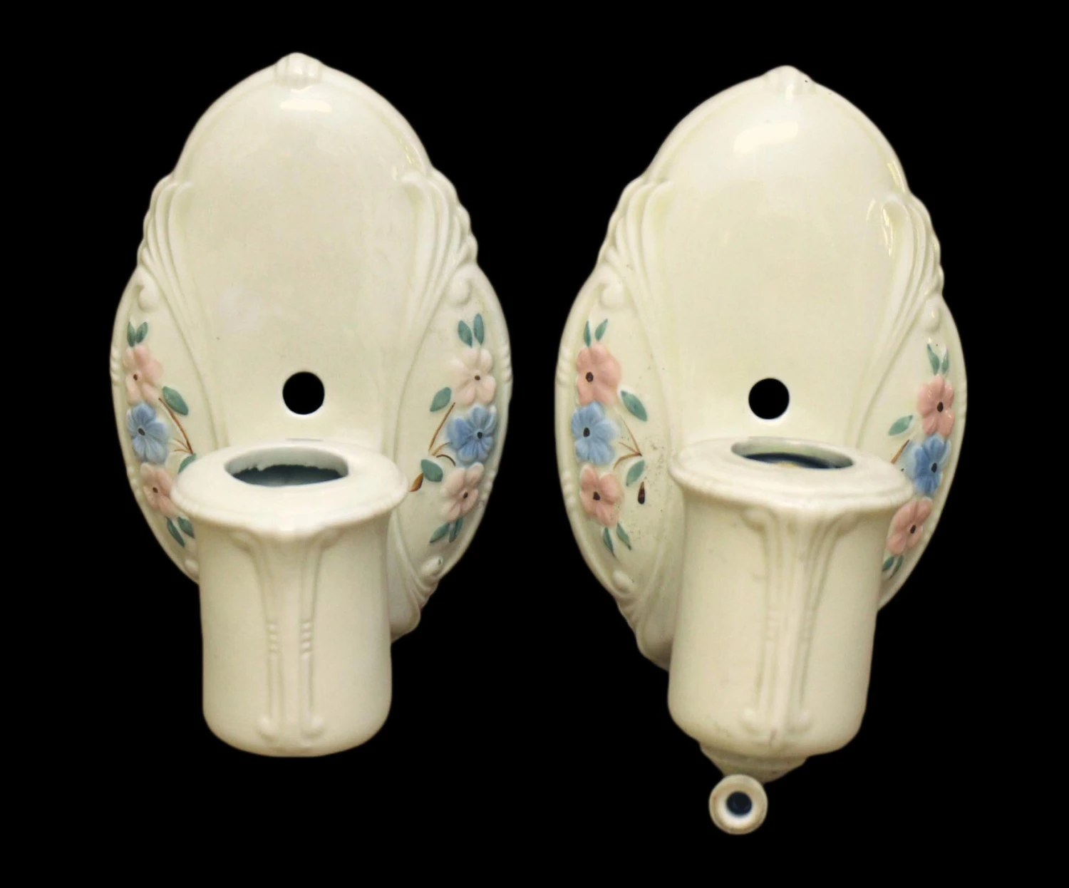 Pair Of 1930s Floral Bathroom Porcelain Wall Sconces 3 Pair Of 1930s Floral Bathroom Porcelain Wall Sconces