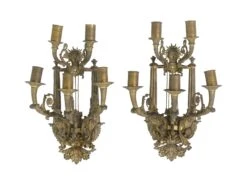 Pair Of 5 Arm Cast Bronze French Floral Figural Sconces