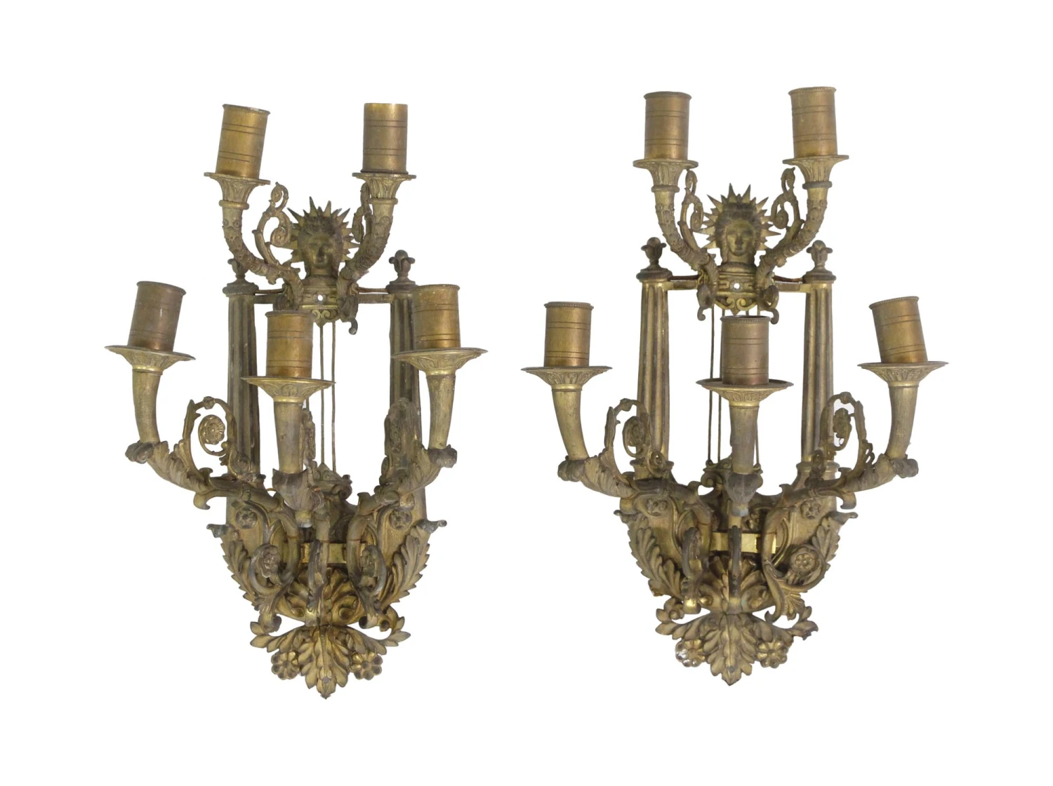Pair Of 5 Arm Cast Bronze French Floral Figural Sconces 3 Pair Of 5 Arm Cast Bronze French Floral Figural Sconces