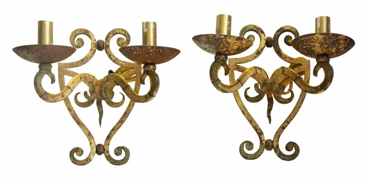 Pair Of Antique French 2 Arm Tan Iron Wall Sconces 3 Pair Of Antique French 2 Arm Tan Iron Wall Sconces