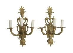 Pair Of French Brass 3 Arm Foliage Wall Sconces