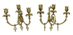 Pair Of French Bronze 3 Arm Figural Gas Wall Sconces