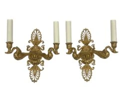 Pair Of French Empire Gilded Bronze Two Arm Swan Wall Sconces