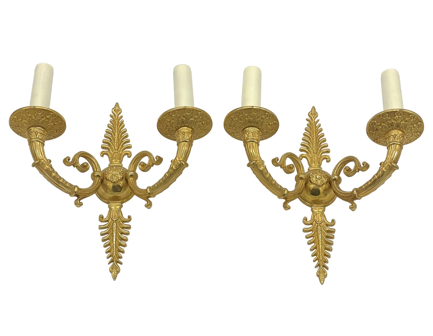 Pair Of Gilded French Bronze Fan Pattern 2 Arm Wall Sconces 3 Pair Of Gilded French Bronze Fan Pattern 2 Arm Wall Sconces