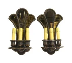 Pair Of Jacobean Bronze With Mirror Backed Wall Sconces